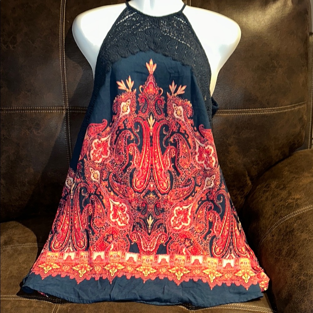 Intimately Free People Elegant Navy and Coral Paisley Dress